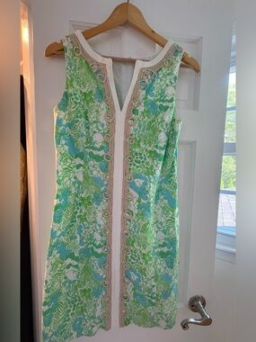 Lilly Pulitzer Green & Aqua Floral Shift Dress with gold trim